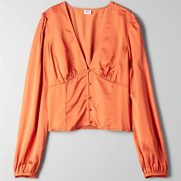 Aritzia Sunday Best Tatiana Blouse. Elegant Orange Satin V-Neck Blouse - Picture 2 of 15